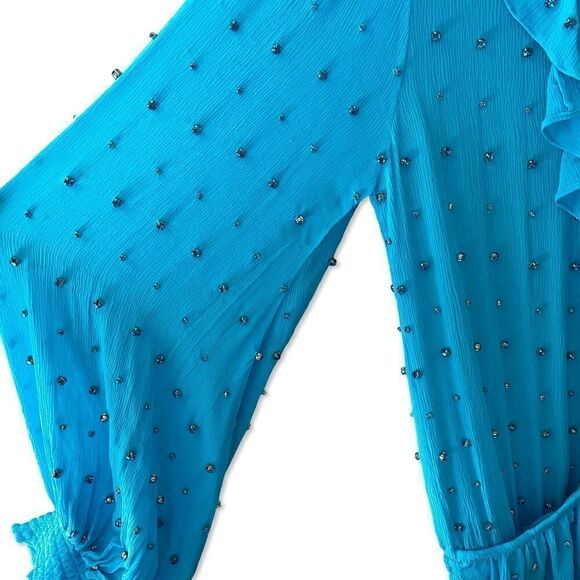 Retrofete Lennon Dress embellished smocked mini chiffon rhinestone acqua blue M - Picture 11 of 15